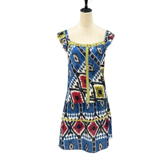 Burning Torch Colorful Ikat Print Embellished Square Neck 100% Silk Dress - Picture 1 of 11